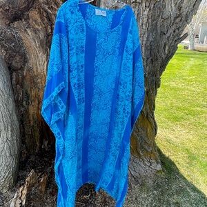 Smithsonian Institution VTG  Aqua Blue Print Kaftan Dress XXL Rayon